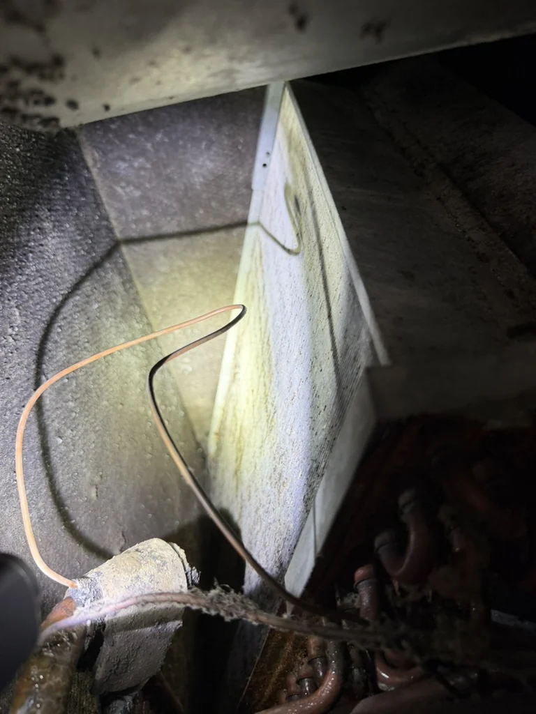 Visible contamination around HVAC evaporator coil and adjacent insulation