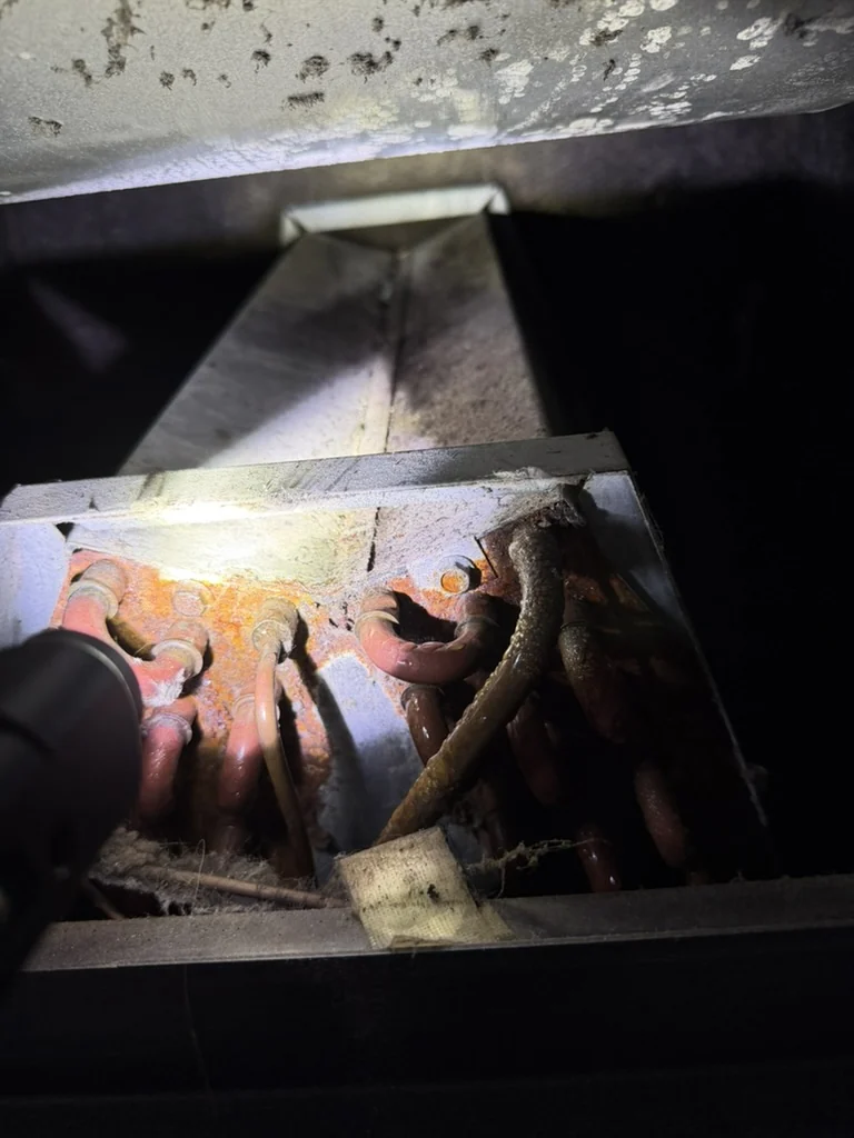 Deposits around evaporator coil tubing and the air-handler coil end plate