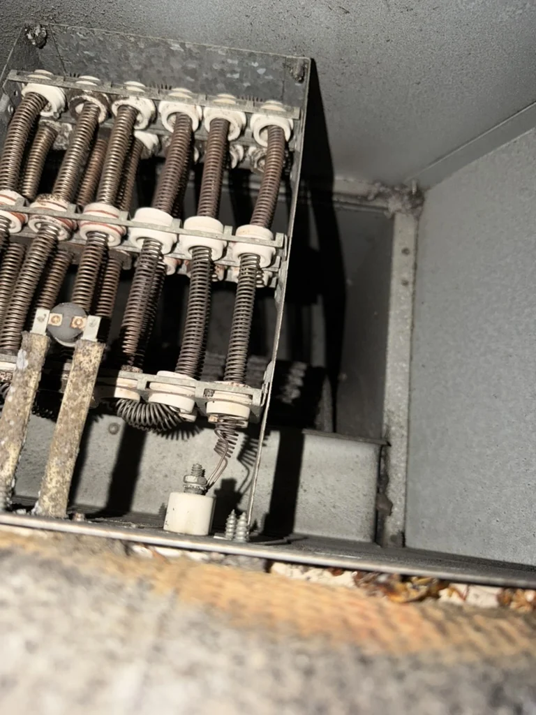 HVAC electric resistance heating elements and surrounding interior surfaces