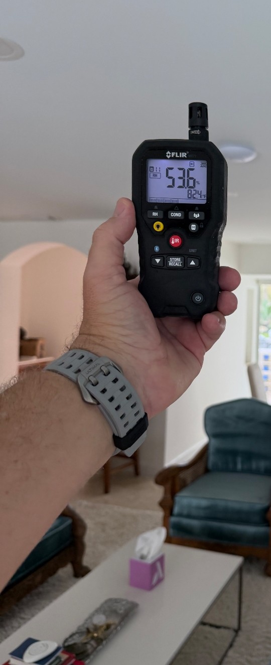 Hand holding a digital moisture meter in an open living and dining room