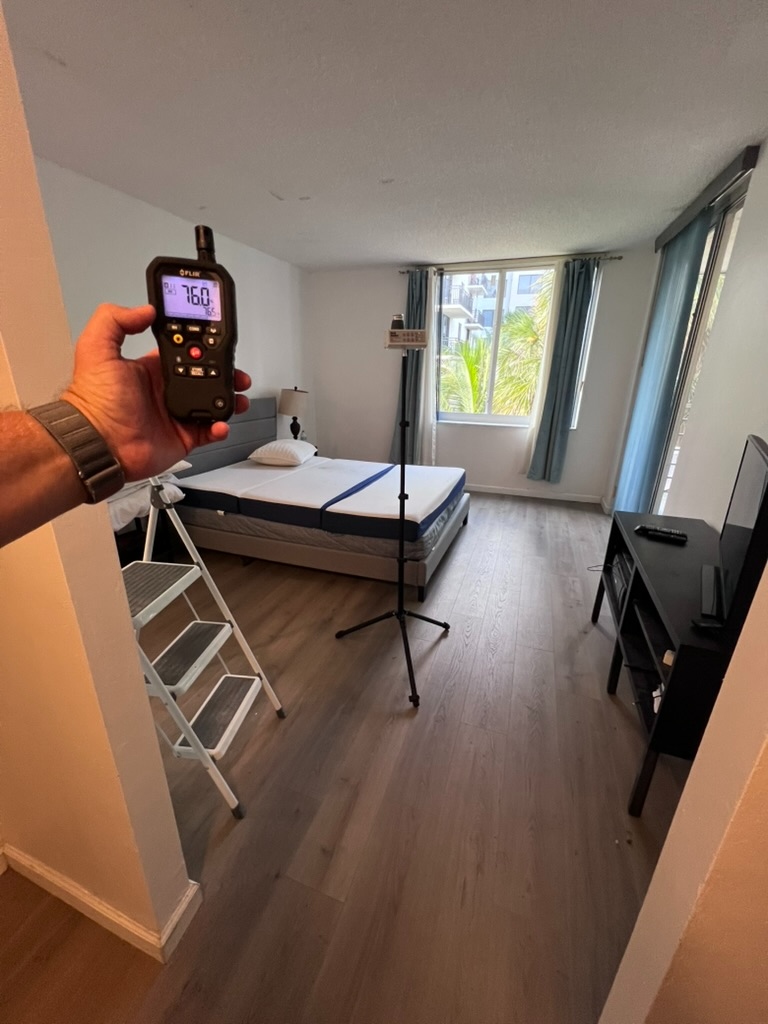 FLIR meter reading 76.0% relative humidity in the bedroom during the inspection