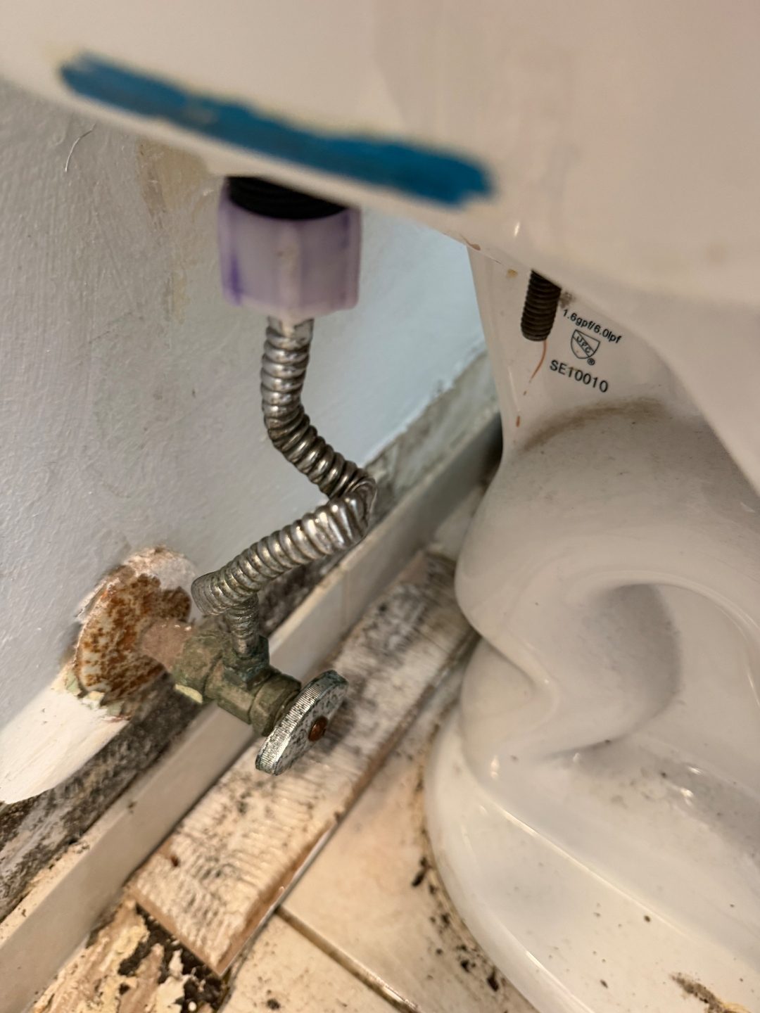 Close-up of a flexible supply line and shutoff valve beneath a toilet tank